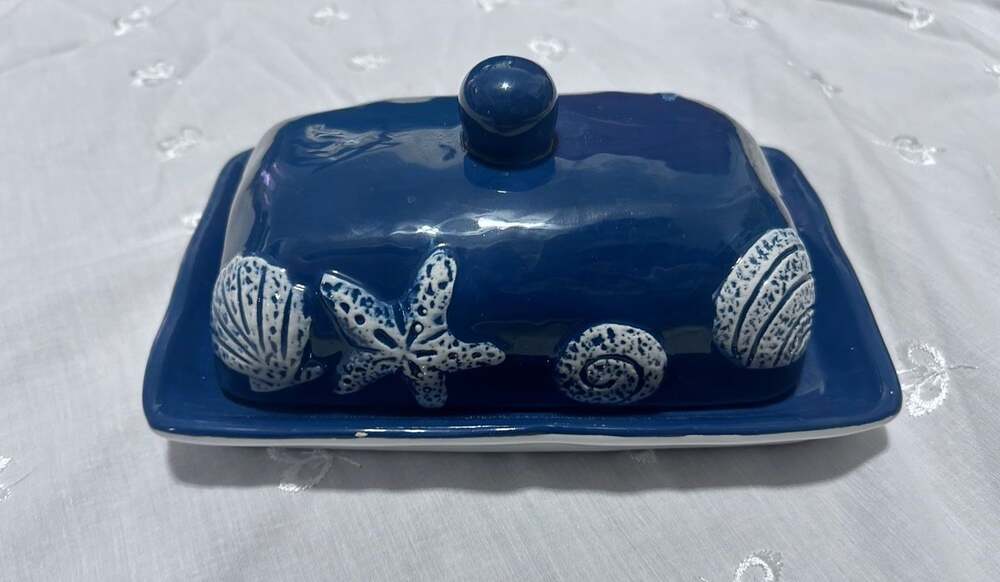 Navy Coastal Ceramic Butter Dish Seashell Starfish Embossed Detail